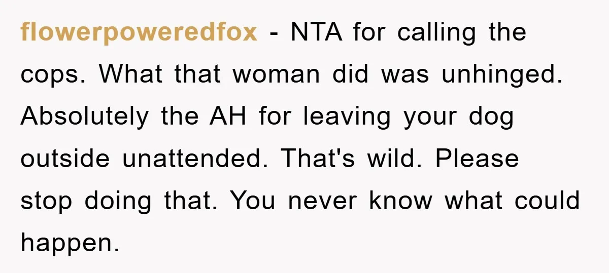 flowerpoweredfox − NTA for calling the cops. What that woman did was unhinged. Absolutely the AH for leaving your dog outside unattended. That's wild. Please stop doing that. You never...