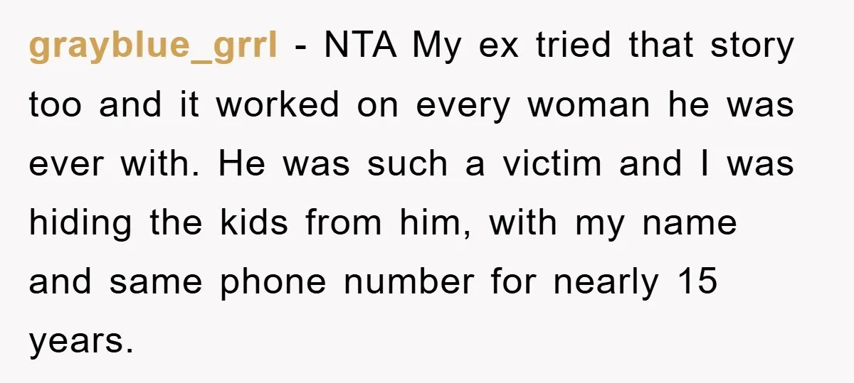 grayblue_grrl − NTA My ex tried that story too and it worked on every woman he was ever with. He was such a victim and I was hiding the kids...