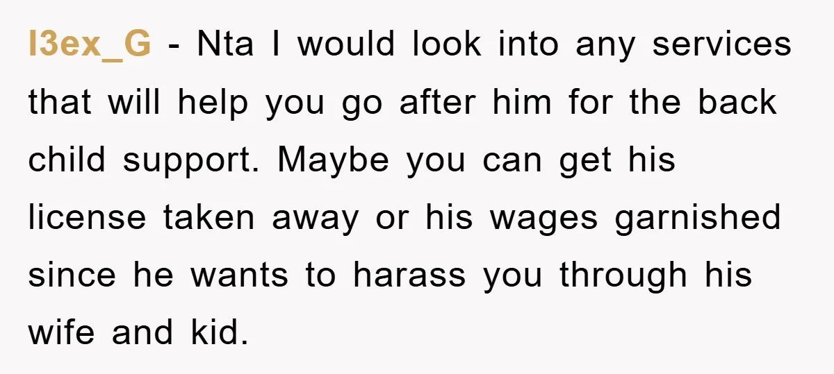 l3ex_G − Nta I would look into any services that will help you go after him for the back child support. Maybe you can get his license taken away or...