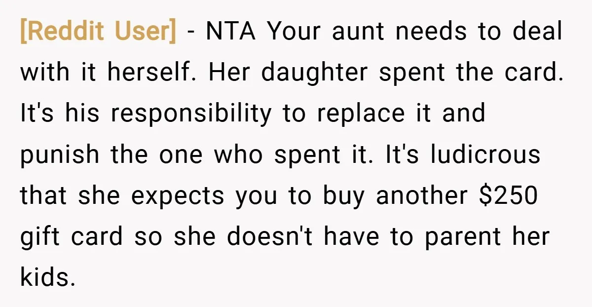[Reddit User] − NTA Your aunt needs to deal with it herself. Her daughter spent the card. It's his responsibility to replace it and punish the one who spent it....