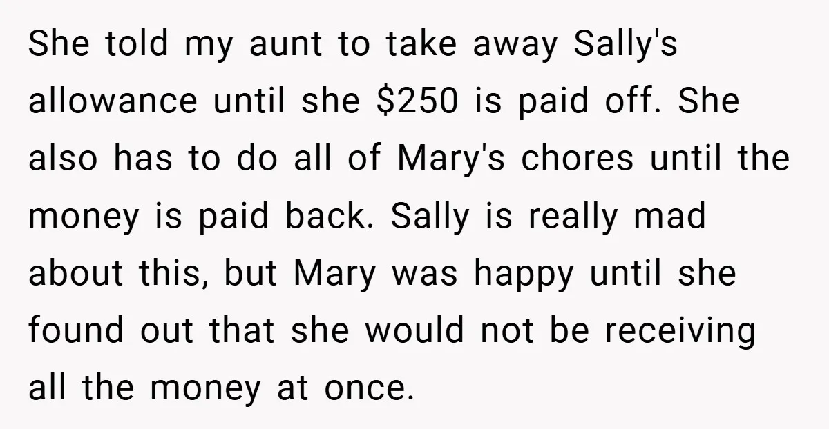She told my aunt to take away Sally's allowance until she $250 is paid off. She also has to do all of Mary's chores until the money is paid back....