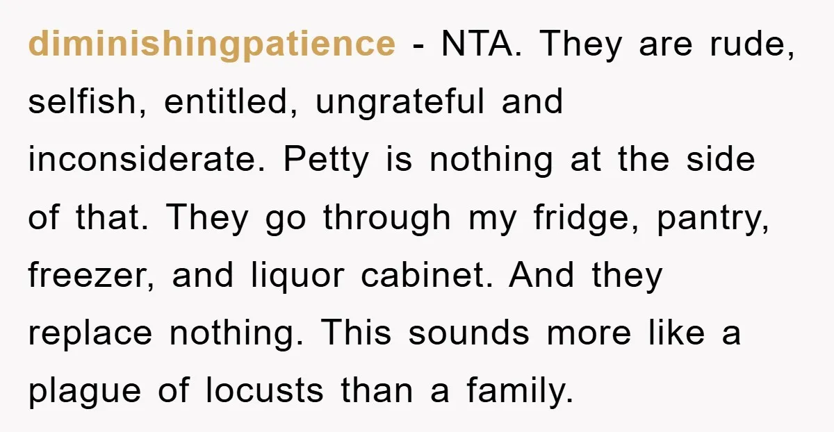 diminishingpatience - NTA. They are rude, selfish, entitled, ungrateful and inconsiderate. Petty is nothing at the side of that. They go through my fridge, pantry, freezer, and liquor cabinet. And...