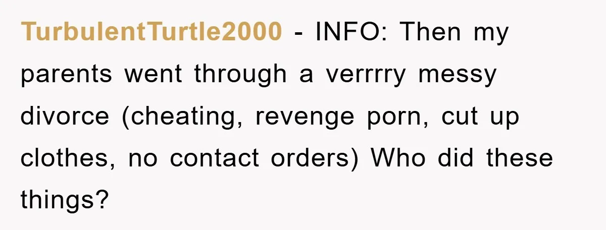 TurbulentTurtle2000 − INFO: Then my parents went through a verrrry messy divorce (cheating, revenge porn, cut up clothes, no contact orders) Who did these things?
