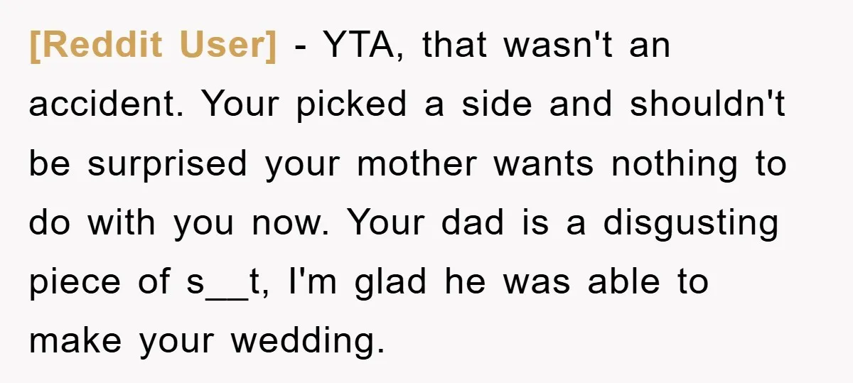 [Reddit User] − YTA, that wasn't an accident. Your picked a side and shouldn't be surprised your mother wants nothing to do with you now. Your dad is a disgusting...
