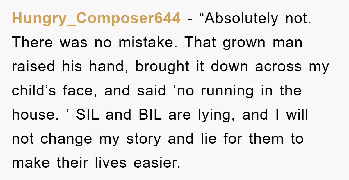 Hungry_Composer644 − “Absolutely not. There was no mistake. That grown man raised his hand, brought it down across my child’s face, and said ‘no running in the house. ’ SIL...