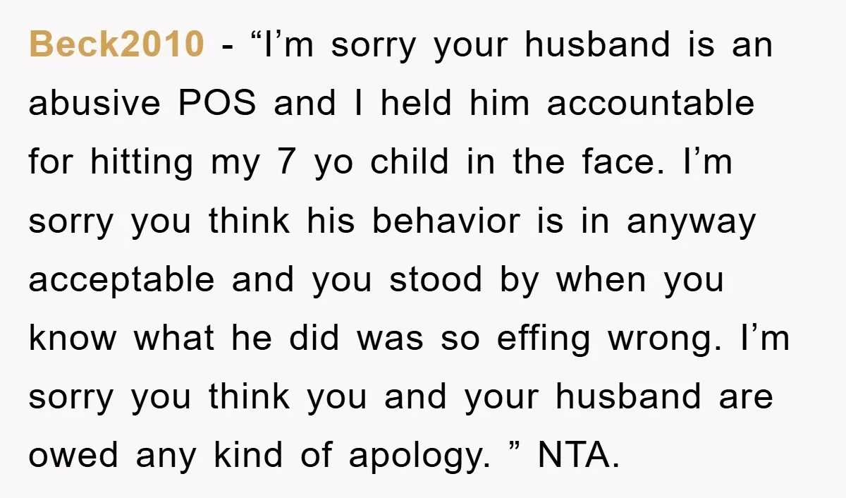 Beck2010 − “I’m sorry your husband is an abusive POS and I held him accountable for hitting my 7 yo child in the face. I’m sorry you think his behavior...