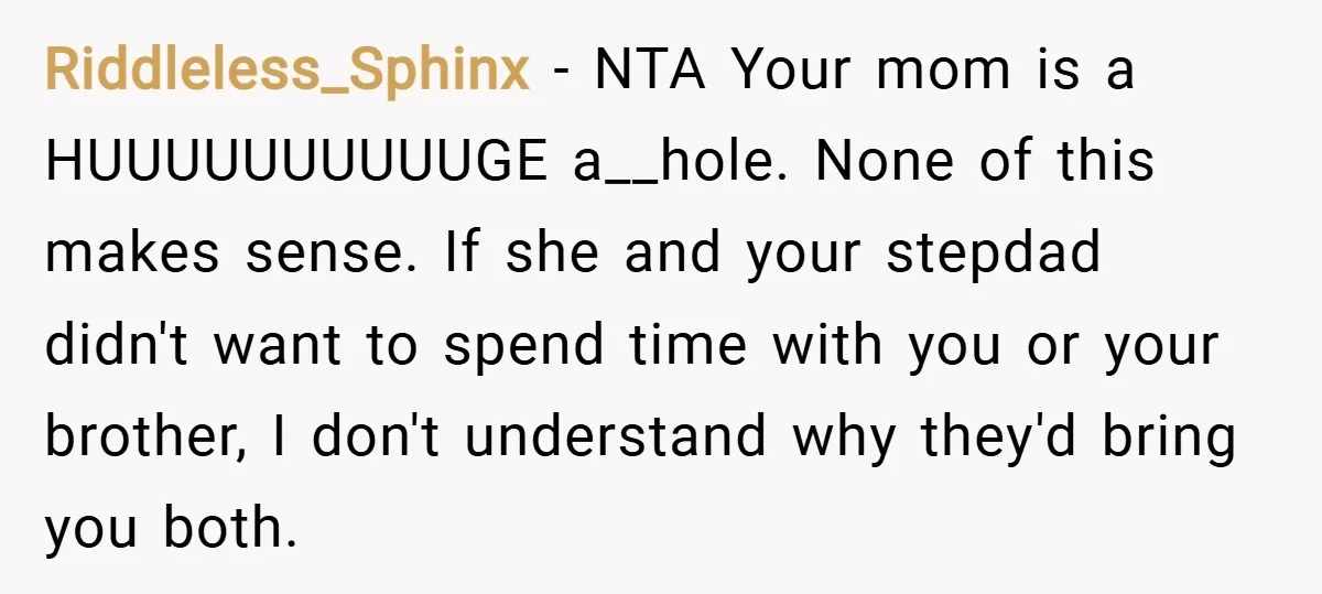 Riddleless_Sphinx − NTA Your mom is a HUUUUUUUUUUGE a__hole. None of this makes sense. If she and your stepdad didn't want to spend time with you or your brother, I...