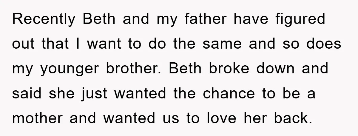 Recently Beth and my father have figured out that I want to do the same and so does my younger brother. Beth broke down and said she just wanted the...