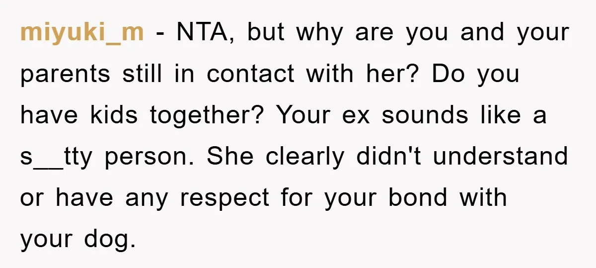 miyuki_m − NTA, but why are you and your parents still in contact with her? Do you have kids together? Your ex sounds like a s__tty person. She clearly didn't...