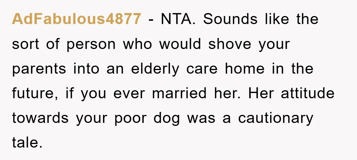 AdFabulous4877 − NTA. Sounds like the sort of person who would shove your parents into an elderly care home in the future, if you ever married her. Her attitude towards...