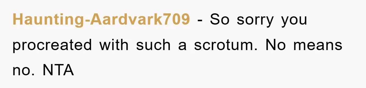Haunting-Aardvark709 − So sorry you procreated with such a scrotum. No means no. NTA