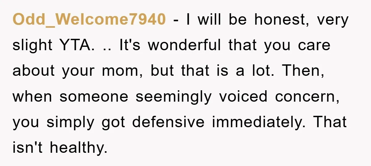 Odd_Welcome7940 - I will be honest, very slight YTA. .. It's wonderful that you care about your mom, but that is a lot. Then, when someone seemingly voiced concern, you...