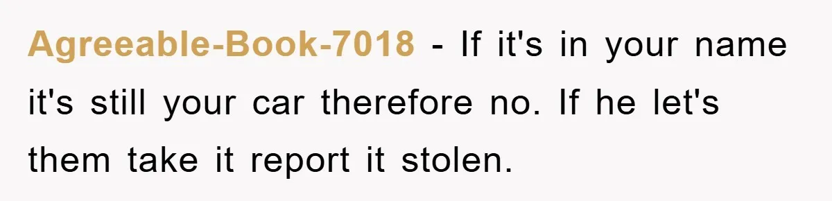Agreeable-Book-7018 − If it's in your name it's still your car therefore no. If he let's them take it report it stolen.