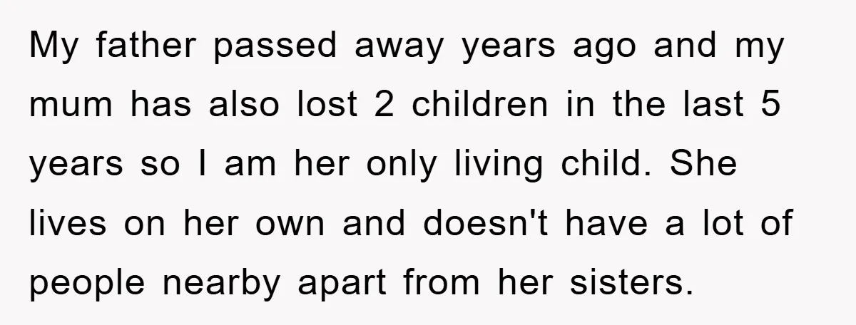 My father passed away years ago and my mum has also lost 2 children in the last 5 years so I am her only living child. She lives on her...