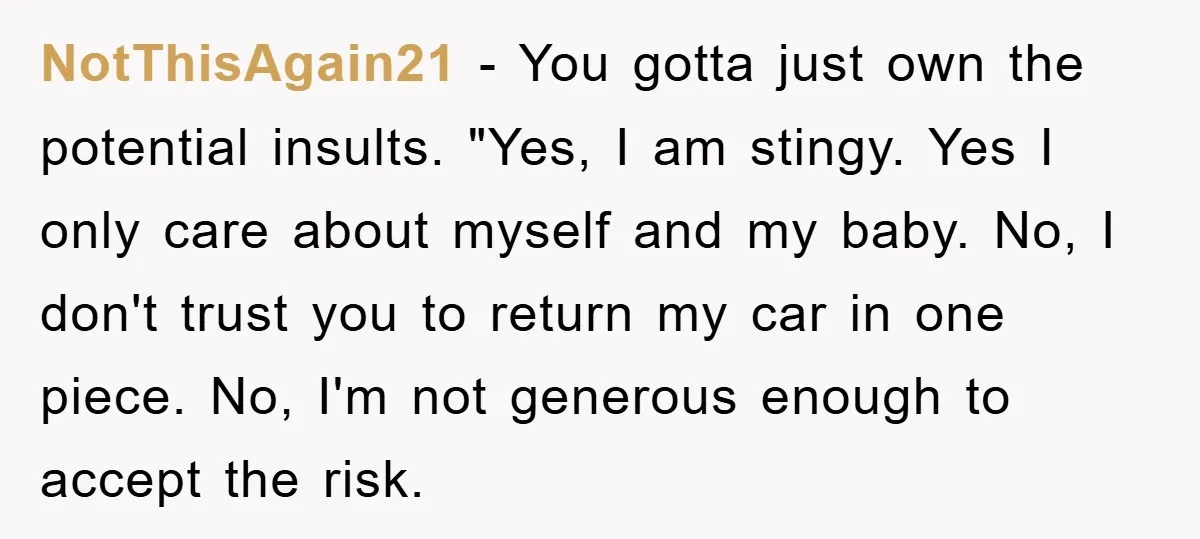 NotThisAgain21 − You gotta just own the potential insults. "Yes, I am stingy. Yes I only care about myself and my baby. No, I don't trust you to return my...