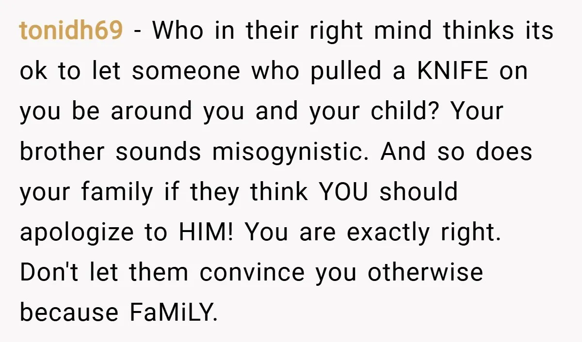 tonidh69 − Who in their right mind thinks its ok to let someone who pulled a KNIFE on you be around you and your child? Your brother sounds misogynistic. And...