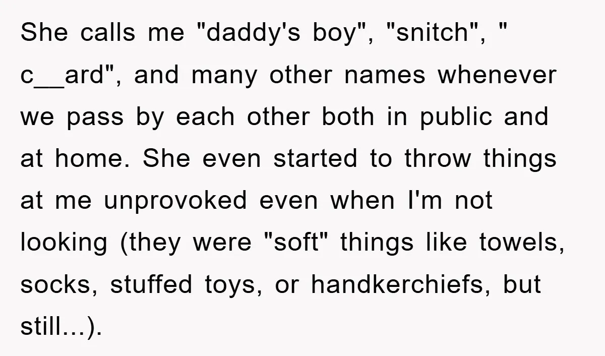 She calls me "daddy's boy", "snitch", " c__ard", and many other names whenever we pass by each other both in public and at home. She even started to throw things...