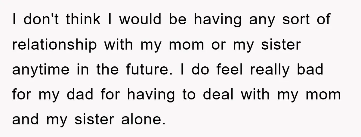 I don't think I would be having any sort of relationship with my mom or my sister anytime in the future. I do feel really bad for my dad for...