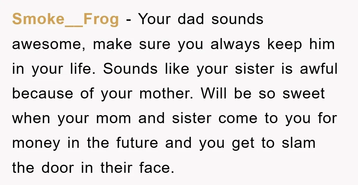 Smoke__Frog − Your dad sounds awesome, make sure you always keep him in your life. Sounds like your sister is awful because of your mother. Will be so sweet when...