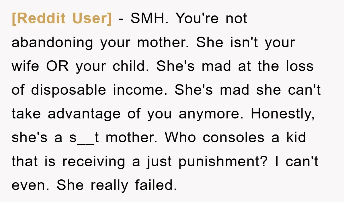 [Reddit User] − SMH. You're not abandoning your mother. She isn't your wife OR your child. She's mad at the loss of disposable income. She's mad she can't take advantage...
