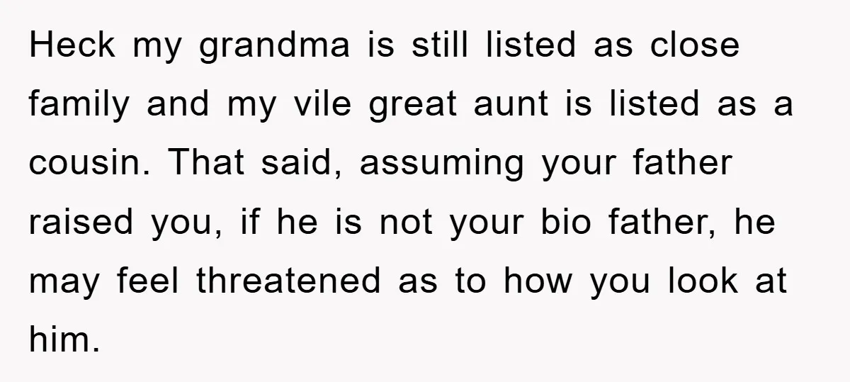 Heck my grandma is still listed as close family and my vile great aunt is listed as a cousin. That said, assuming your father raised you, if he is not...