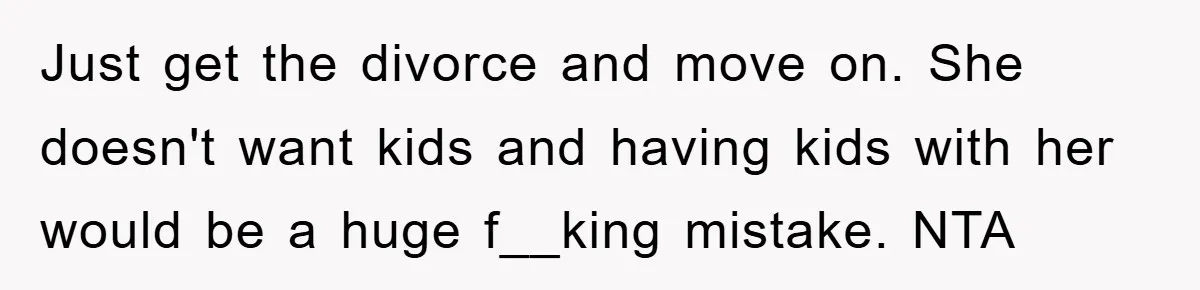 Just get the divorce and move on. She doesn't want kids and having kids with her would be a huge f__king mistake. NTA