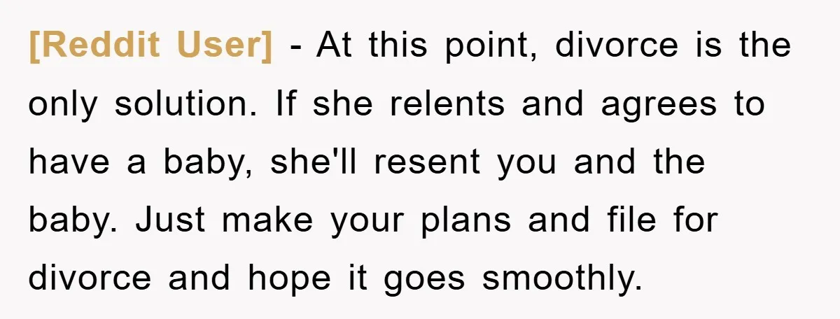 [Reddit User] − At this point, divorce is the only solution. If she relents and agrees to have a baby, she'll resent you and the baby. Just make your plans...