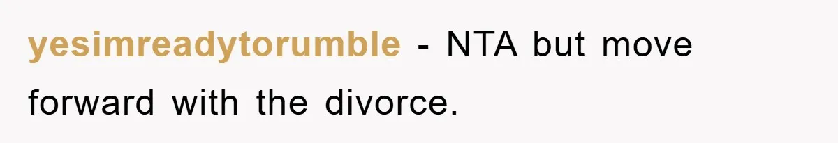 yesimreadytorumble − NTA but move forward with the divorce.