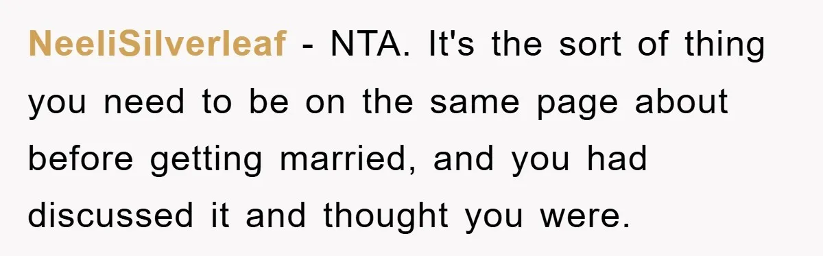 NeeliSilverleaf − NTA. It's the sort of thing you need to be on the same page about before getting married, and you had discussed it and thought you were.