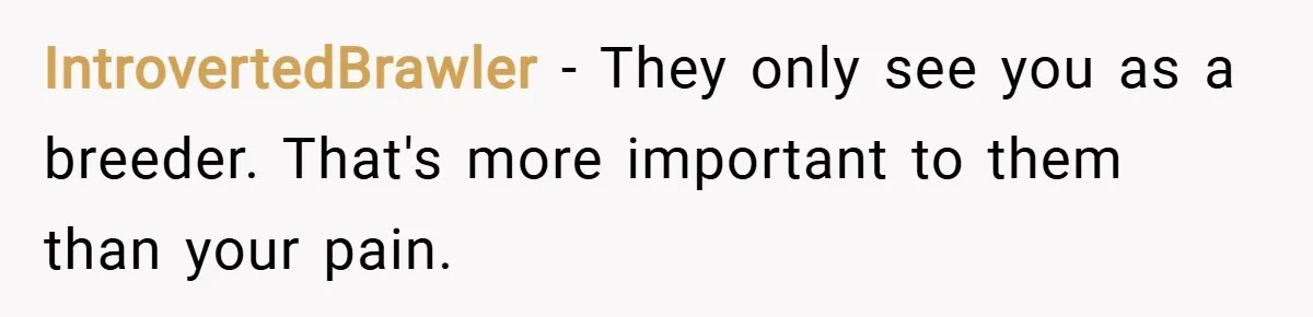 IntrovertedBrawler − They only see you as a breeder. That's more important to them than your pain.