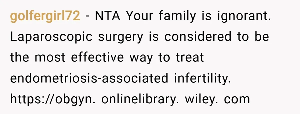 golfergirl72 − NTA Your family is ignorant. Laparoscopic surgery is considered to be the most effective way to treat endometriosis-associated infertility. https://obgyn. onlinelibrary. wiley. com