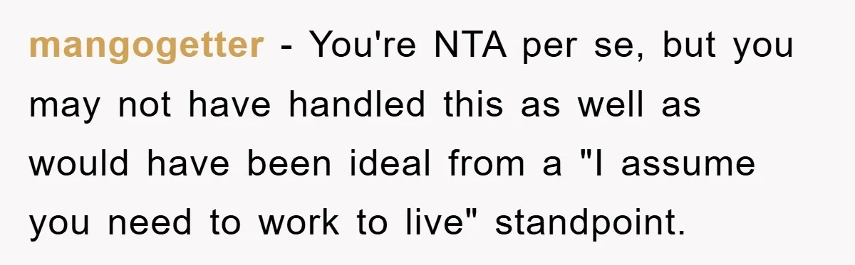 mangogetter − You're NTA per se, but you may not have handled this as well as would have been ideal from a "I assume you need to work to live"...