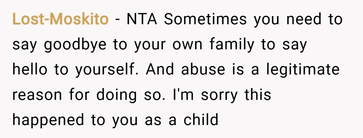 Lost-Moskito − NTA Sometimes you need to say goodbye to your own family to say hello to yourself. And abuse is a legitimate reason for doing so. I'm sorry this...