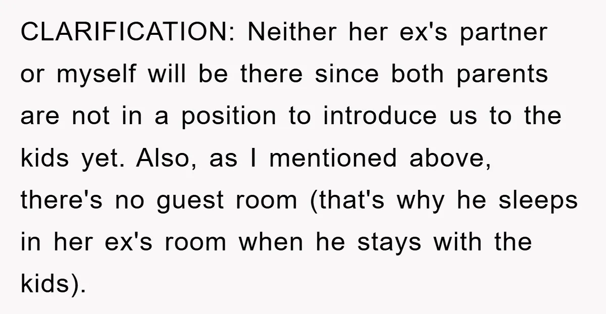 CLARIFICATION: Neither her ex's partner or myself will be there since both parents are not in a position to introduce us to the kids yet. Also, as I mentioned above,...