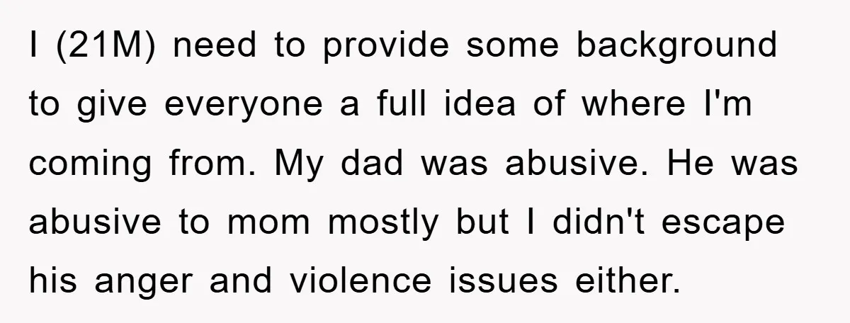 I (21M) need to provide some background to give everyone a full idea of where I'm coming from. My dad was abusive. He was abusive to mom mostly but I...