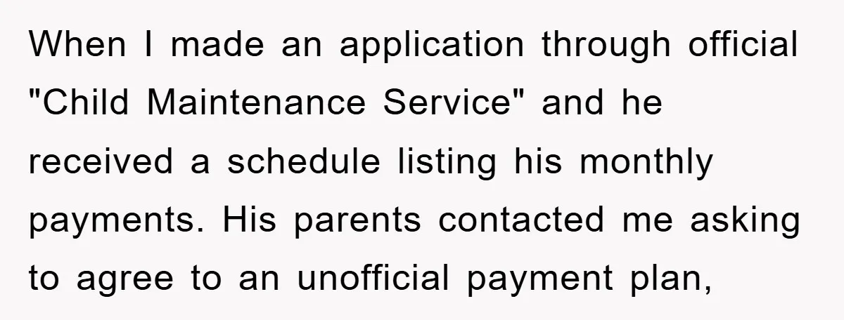When I made an application through official "Child Maintenance Service" and he received a schedule listing his monthly payments. His parents contacted me asking to agree to an unofficial payment...
