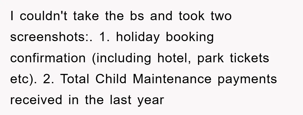 I couldn't take the bs and took two screenshots:. 1. holiday booking confirmation (including hotel, park tickets etc). 2. Total Child Maintenance payments received in the last year