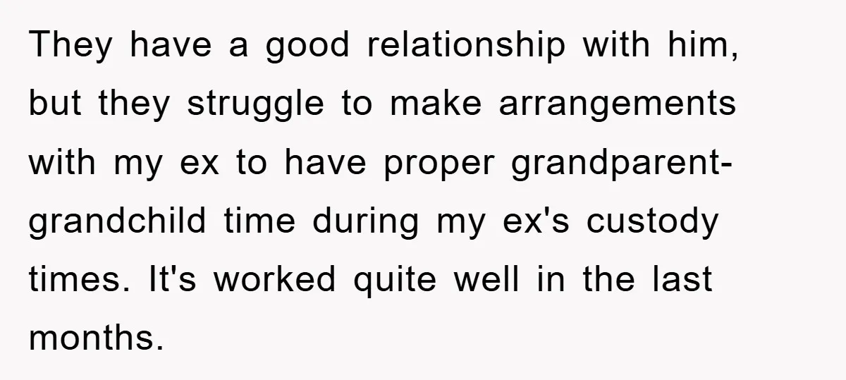 They have a good relationship with him, but they struggle to make arrangements with my ex to have proper grandparent- grandchild time during my ex's custody times. It's worked quite...