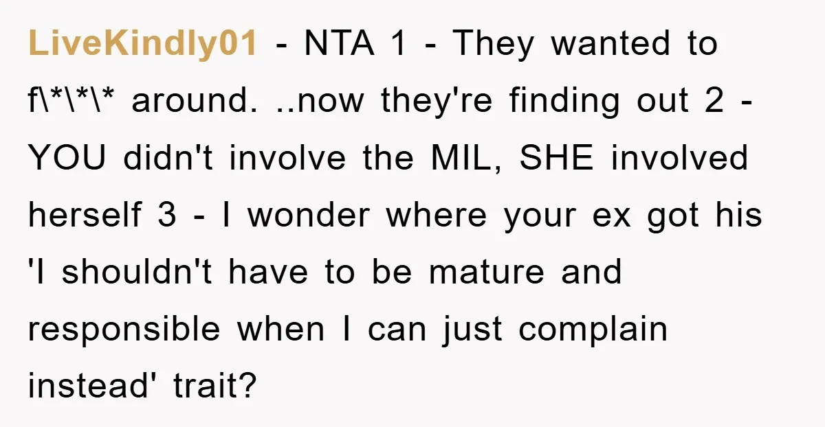LiveKindly01 − NTA 1 - They wanted to f\*\*\* around. ..now they're finding out 2 - YOU didn't involve the MIL, SHE involved herself 3 - I wonder where your...
