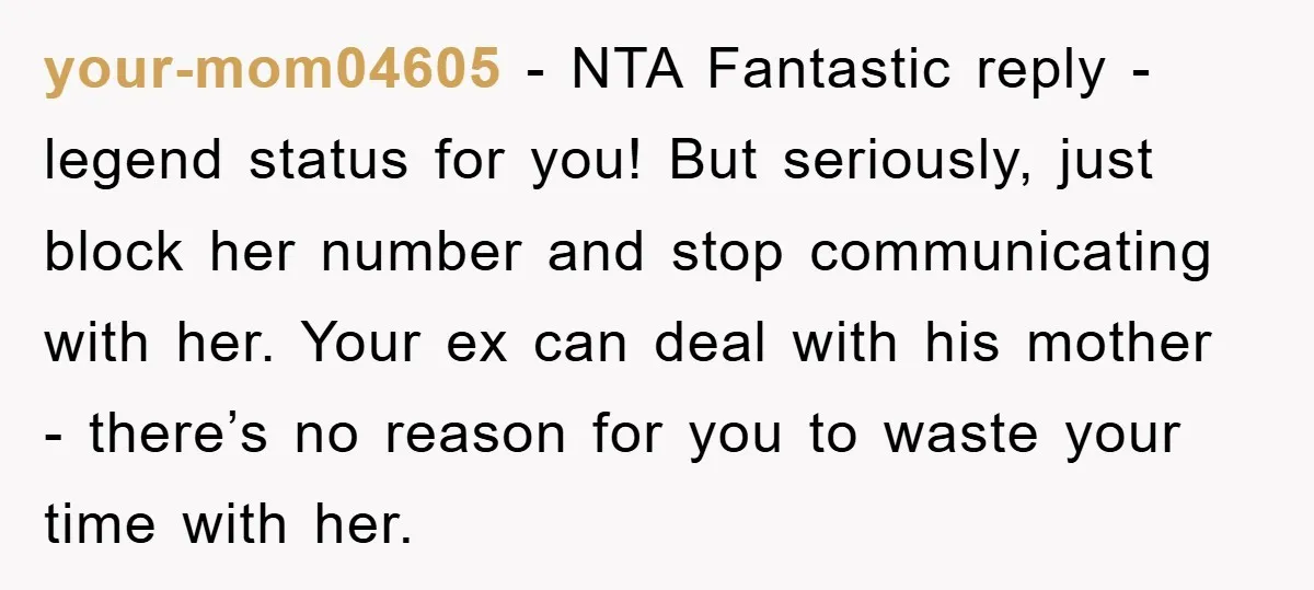 your-mom04605 − NTA Fantastic reply - legend status for you! But seriously, just block her number and stop communicating with her. Your ex can deal with his mother - there’s...