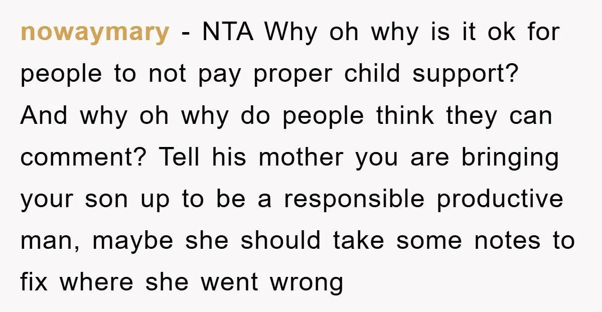 nowaymary − NTA Why oh why is it ok for people to not pay proper child support? And why oh why do people think they can comment? Tell his mother...