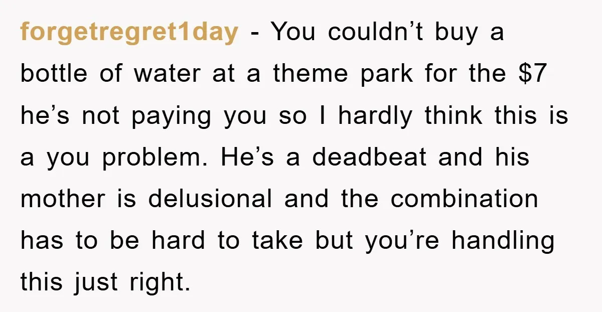 forgetregret1day − You couldn’t buy a bottle of water at a theme park for the $7 he’s not paying you so I hardly think this is a you problem. He’s...