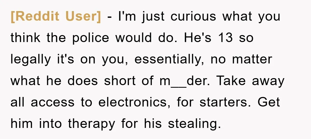 [Reddit User] − I'm just curious what you think the police would do. He's 13 so legally it's on you, essentially, no matter what he does short of m__der. Take...