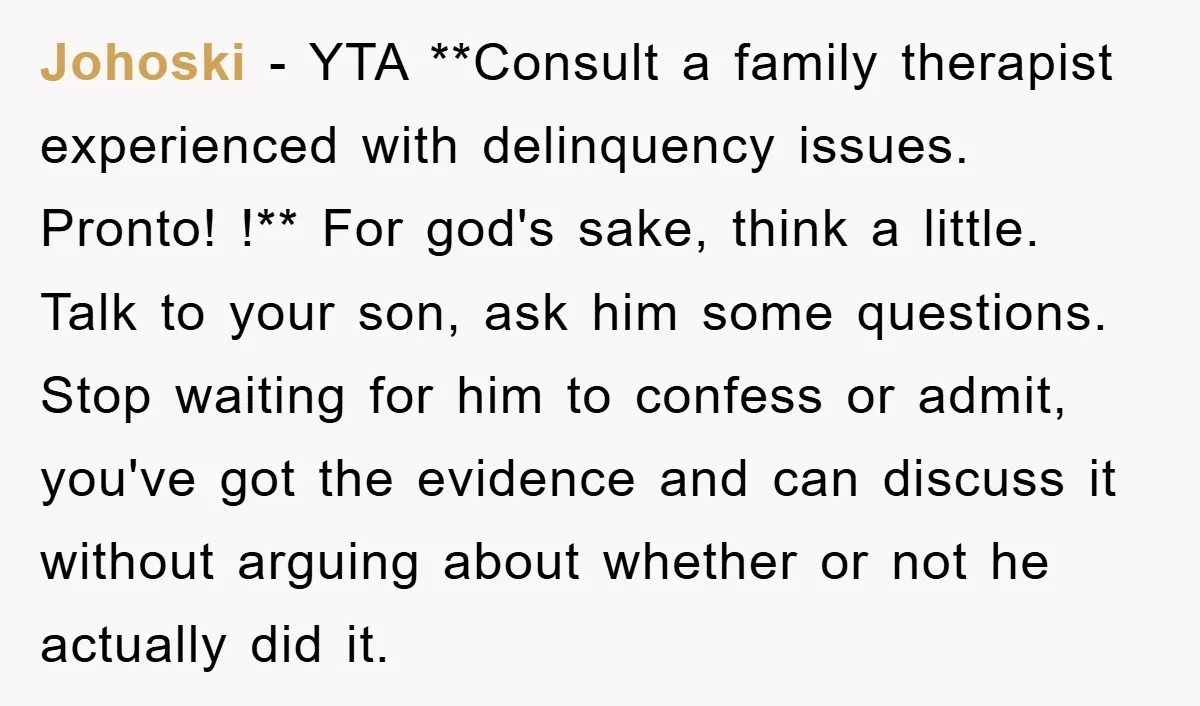 Johoski − YTA **Consult a family therapist experienced with delinquency issues. Pronto! !** For god's sake, think a little. Talk to your son, ask him some questions. Stop waiting for...