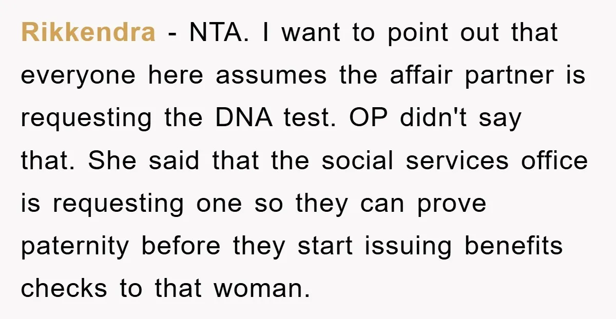 Rikkendra − NTA. I want to point out that everyone here assumes the affair partner is requesting the DNA test. OP didn't say that. She said that the social services...