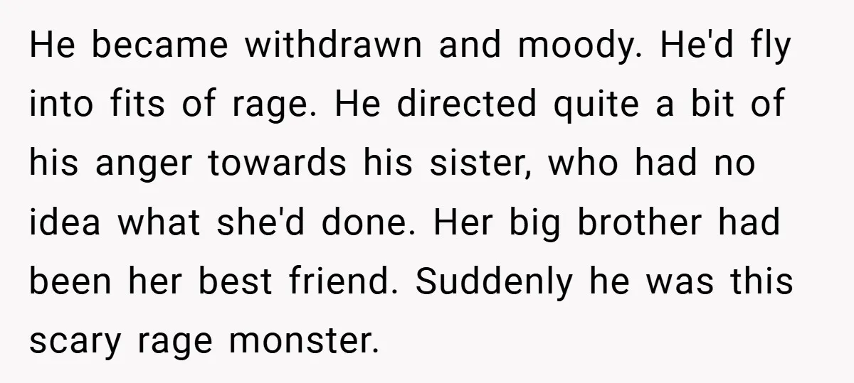 He became withdrawn and moody. He'd fly into fits of rage. He directed quite a bit of his anger towards his sister, who had no idea what she'd done. Her...