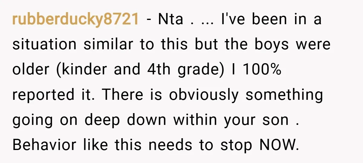 rubberducky8721 − Nta . ... I've been in a situation similar to this but the boys were older (kinder and 4th grade) I 100% reported it. There is obviously something...