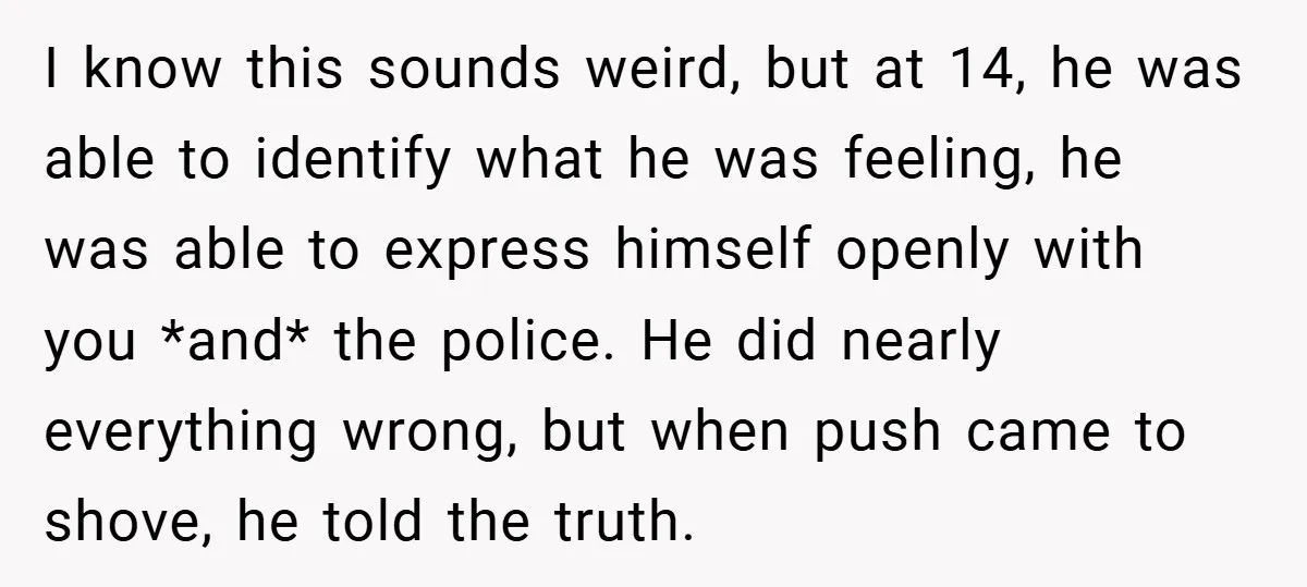 I know this sounds weird, but at 14, he was able to identify what he was feeling, he was able to express himself openly with you *and* the police. He...