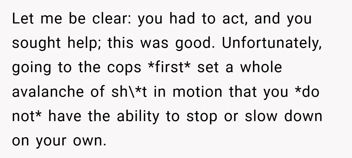 Let me be clear: you had to act, and you sought help; this was good. Unfortunately, going to the cops *first* set a whole avalanche of sh\*t in motion that...