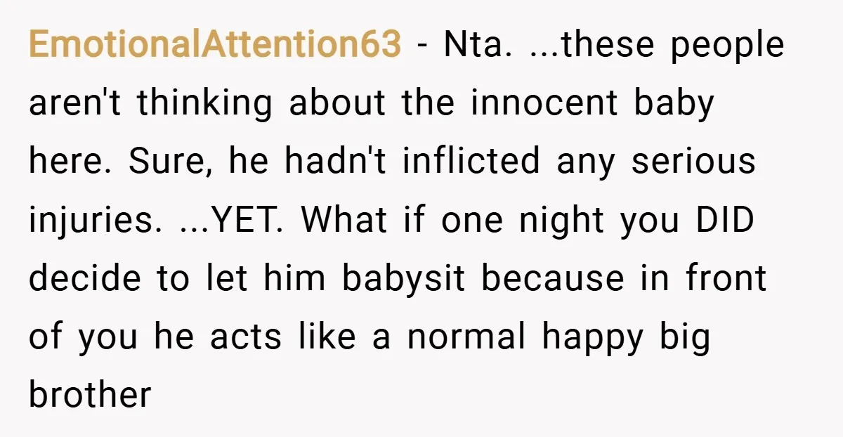 EmotionalAttention63 − Nta. ...these people aren't thinking about the innocent baby here. Sure, he hadn't inflicted any serious injuries. ...YET. What if one night you DID decide to let him...